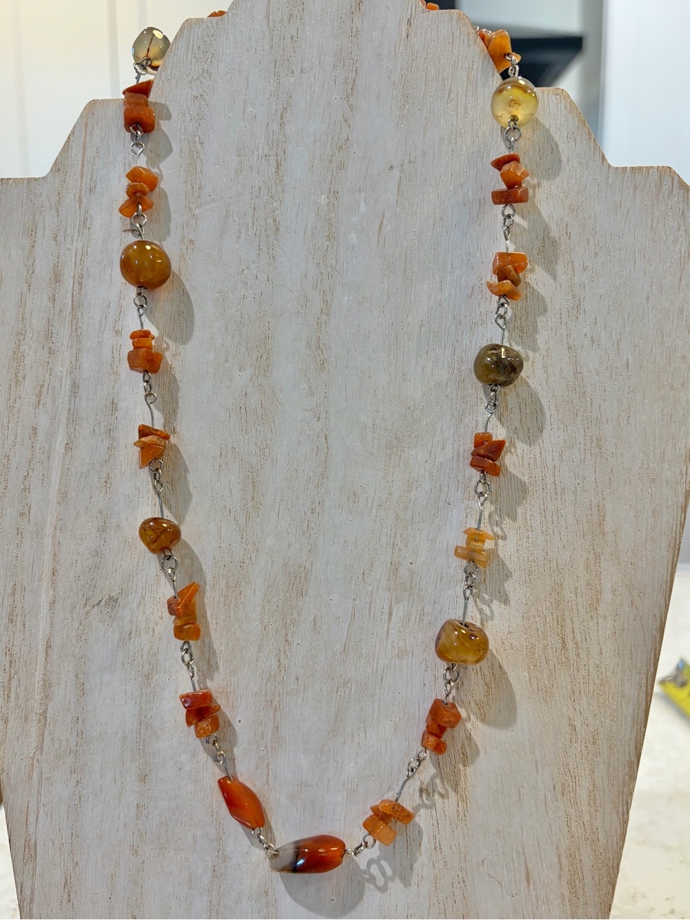 Vintage Carnelian & Banded Agate Link Necklace  Earth Tone Gemstone Beaded Chain